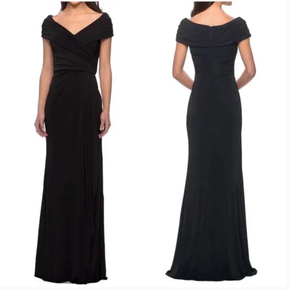 LA FEMME Ruched Jersey Column Gown